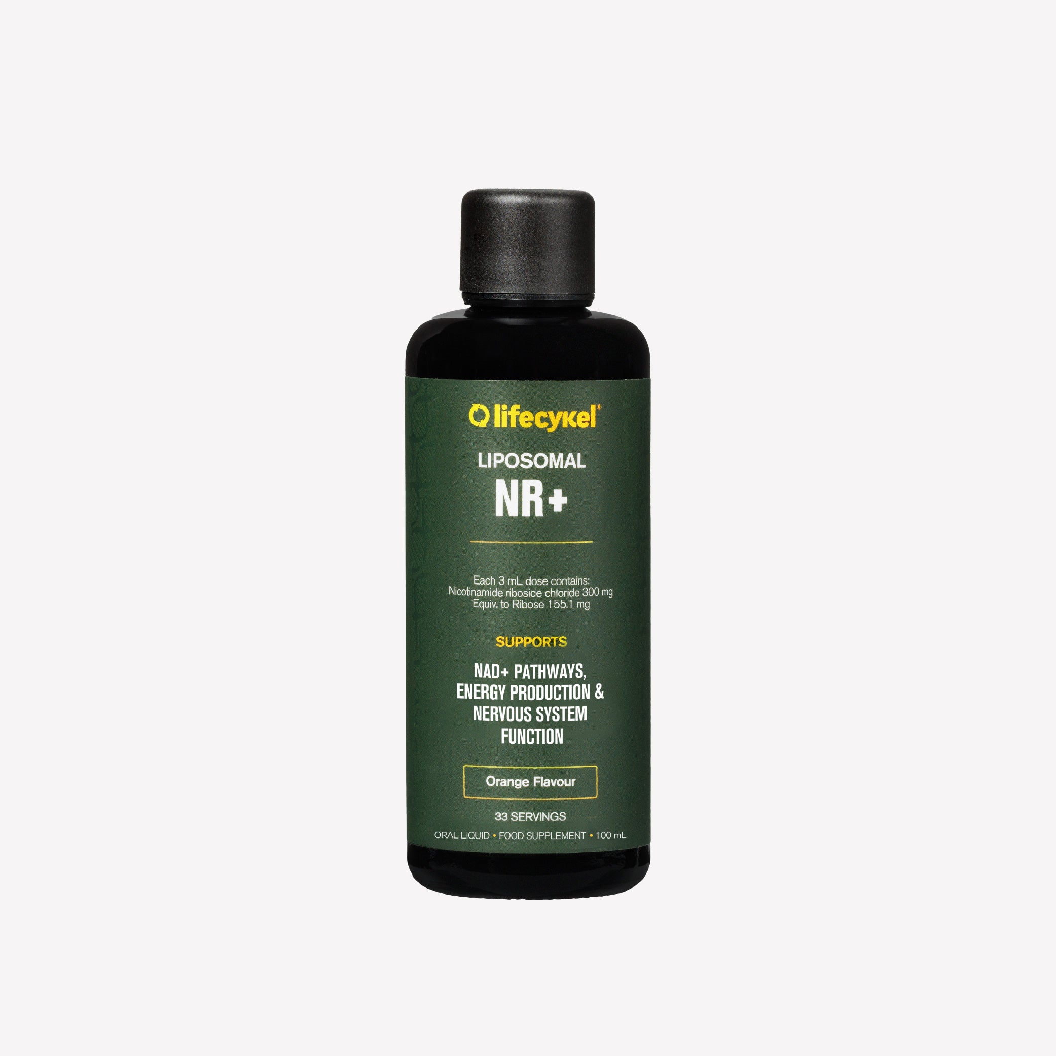 Lifecykel Liposomal NR+ liquid NAD+ supplement bottle with orange flavour supporting cellular energy production and nervous system function.