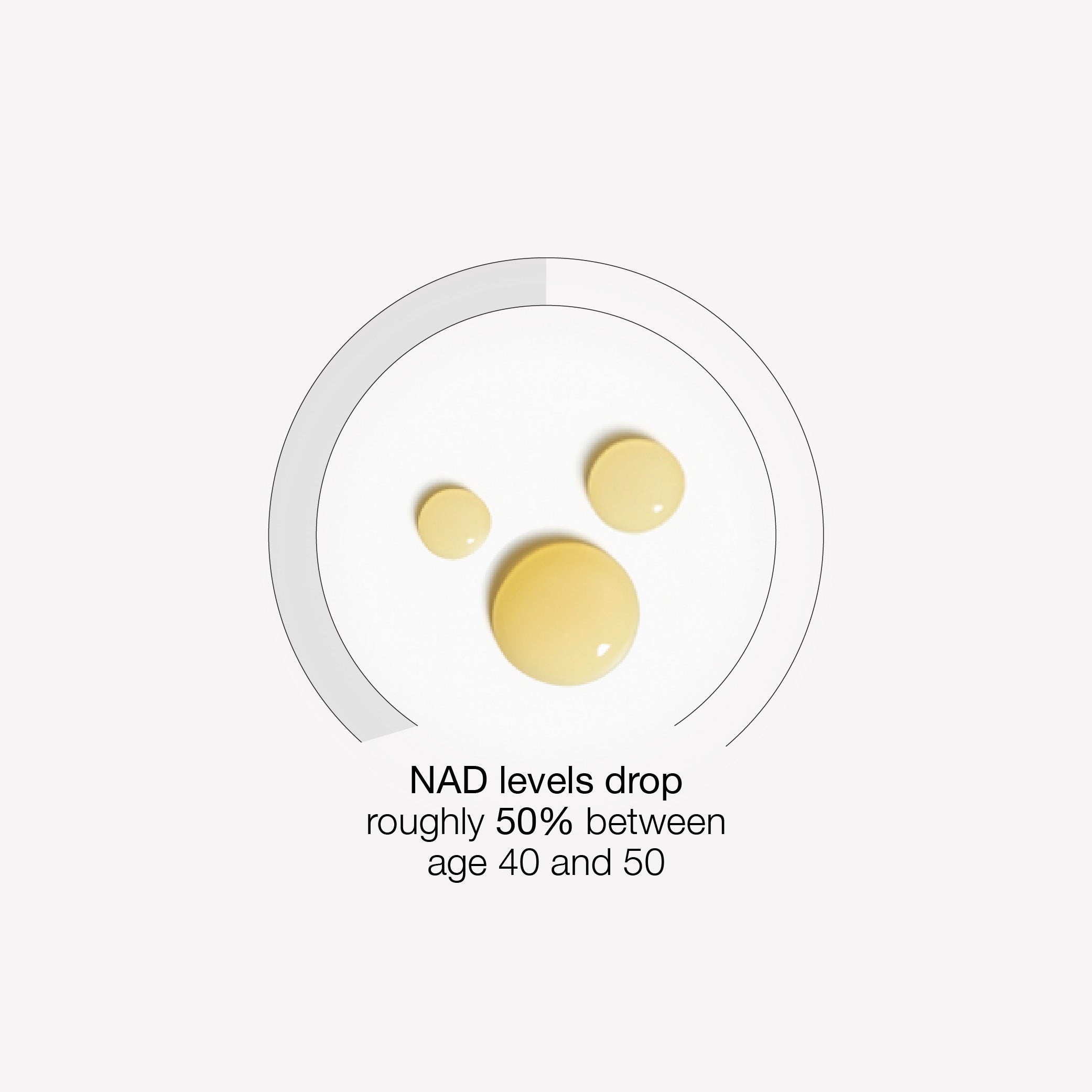 Graphic showing NAD+ levels naturally declining by approximately 50 percent between ages 40 and 50.
