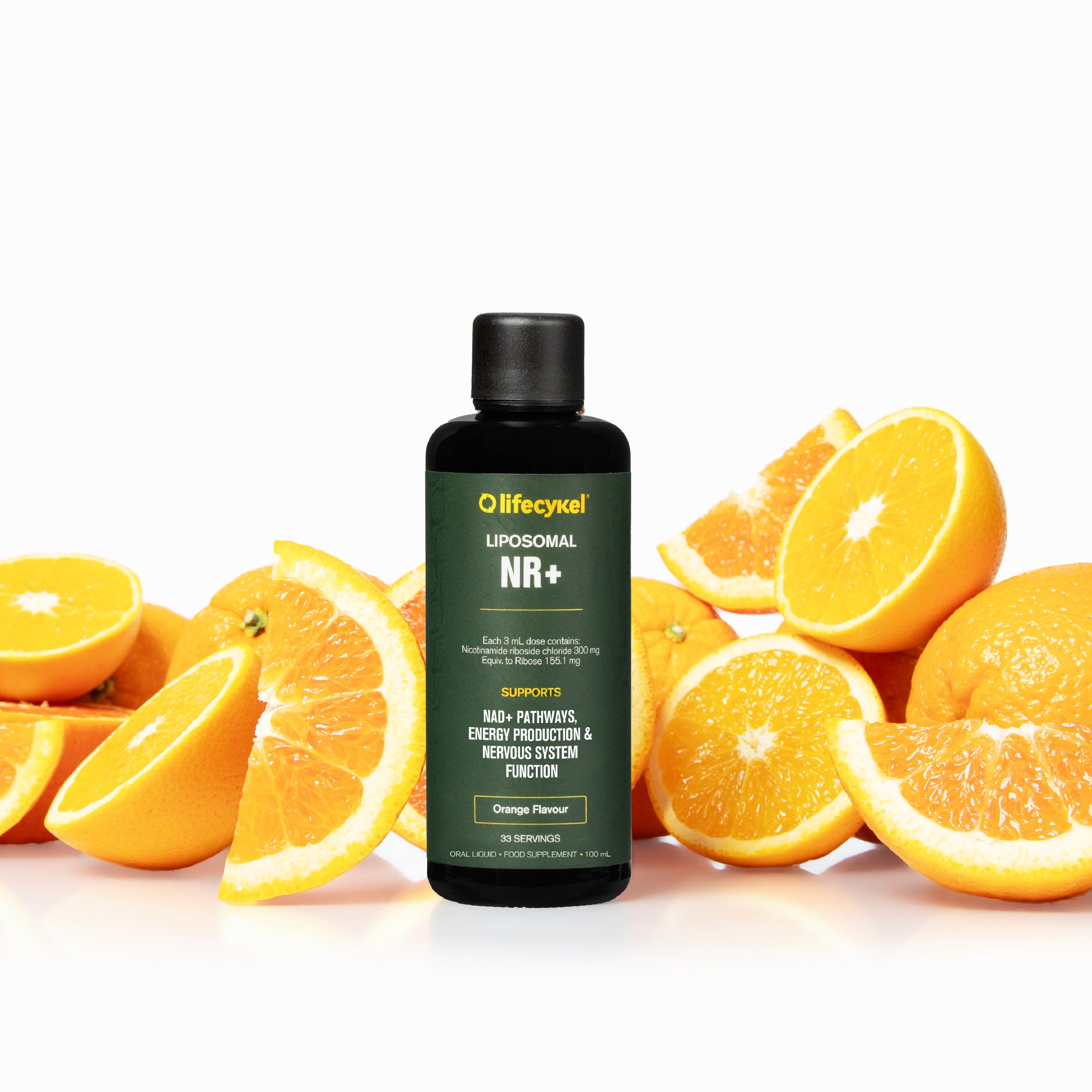 Lifecykel Liposomal NR+ supplement bottle surrounded by fresh oranges representing natural orange flavour and daily wellness support.