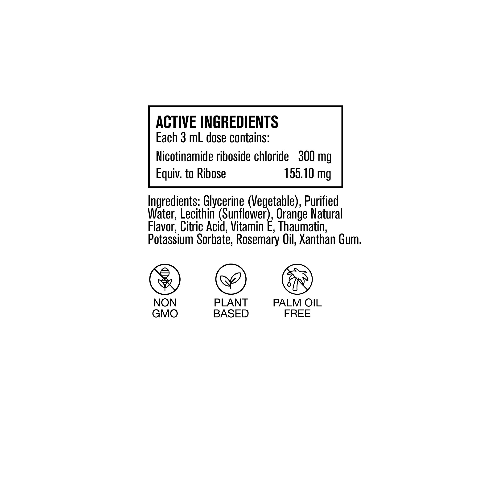Lifecykel Liposomal NR+ supplement ingredients panel showing nicotinamide riboside chloride, plant-based formula, Non-GMO, and palm oil free.